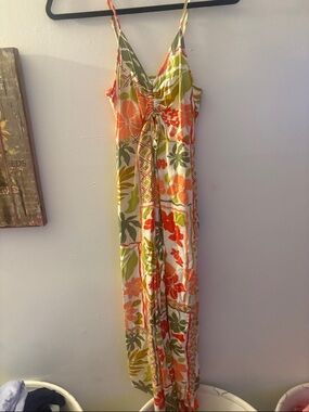 Floral Print Spaghetti-Strap Jumpsuit - Orange & Green